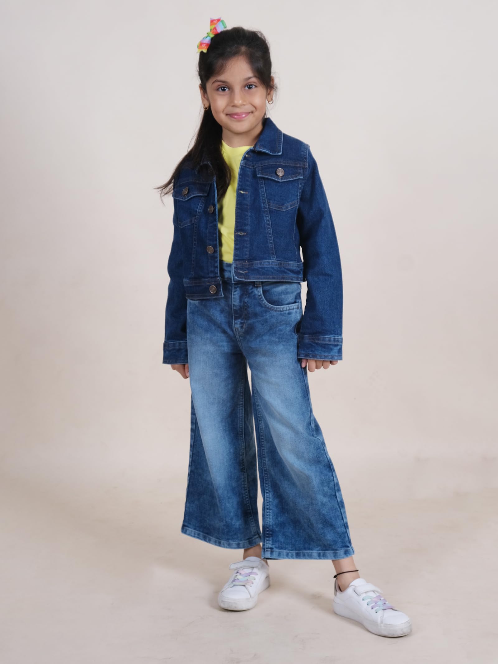Girls Full Sleeve Solid Crop Denim Jacket, Dk Rag Wash - 1-2Y 3