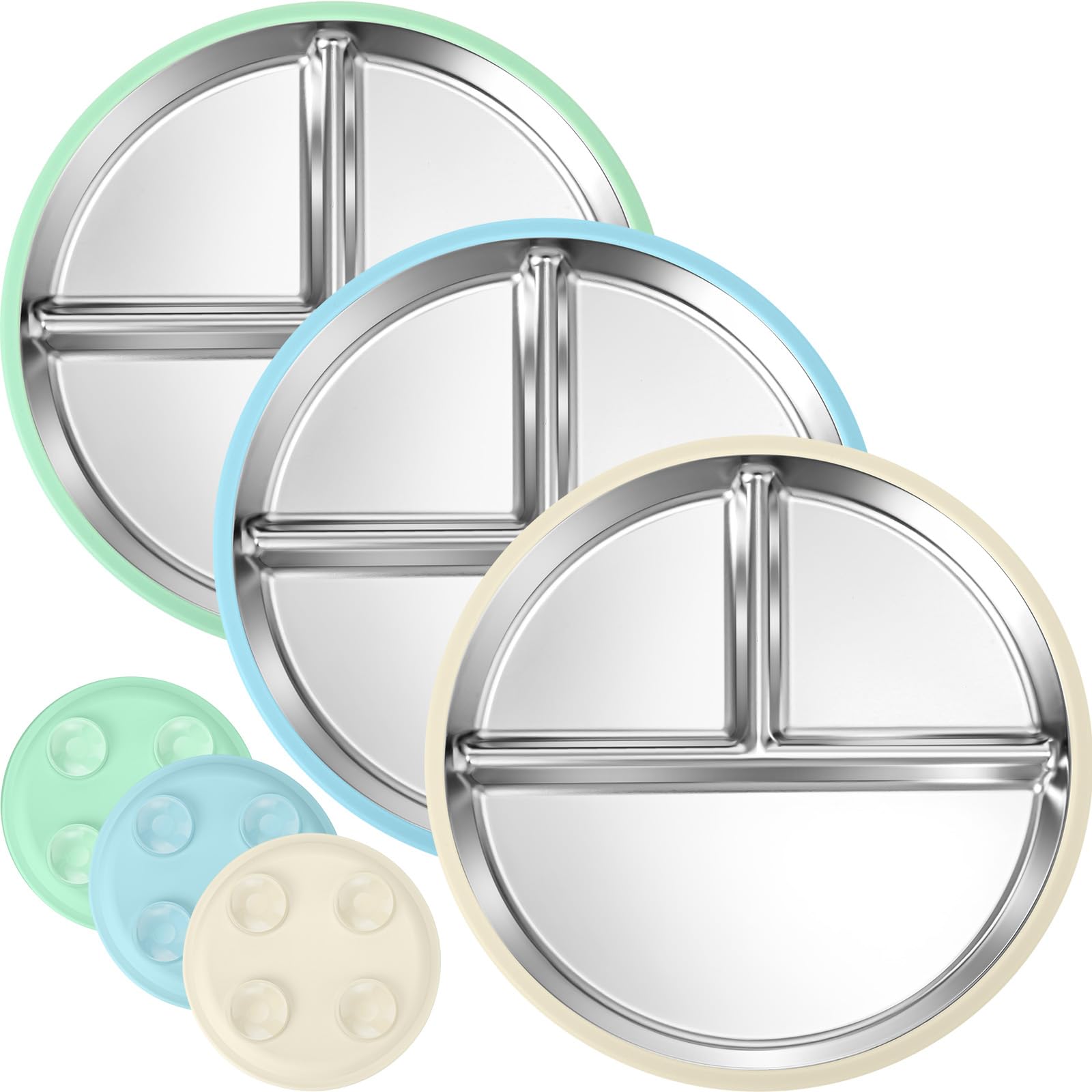 BUSOHA 3 Pack Stainless Steel Kids Plate with Suction - 8.1” Divided Toddler Baby Plates with Silicone Sleeves Non-Slip 2-in-1 Anti Breakage Metal Toddler Bowls Microwave Dishwasher Safe