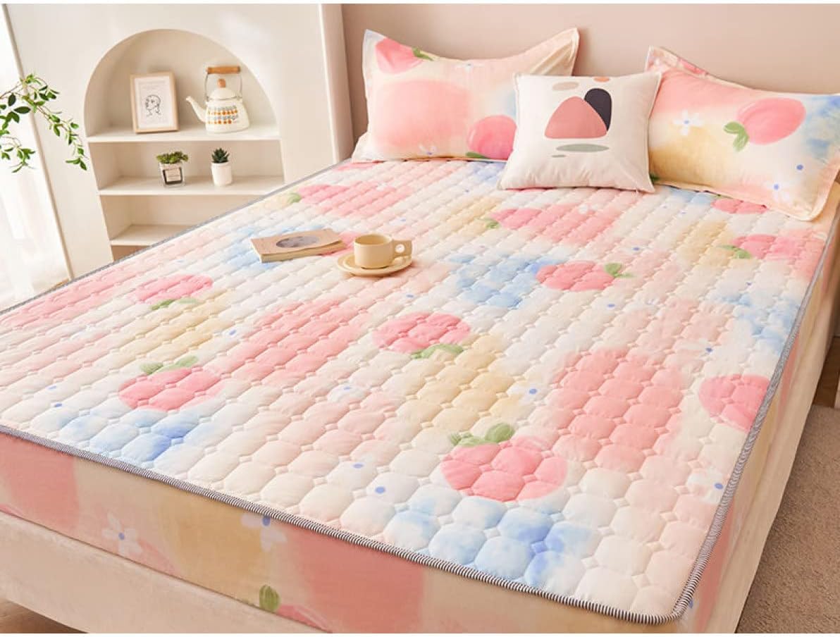 Mattress pad 3-piece set 200*220 Cute fitted sheet Washable All season Dust-free Washable bed pad Colored mattress pad Single Interior All-around elastic band Quilted mattress cover INS style (Color