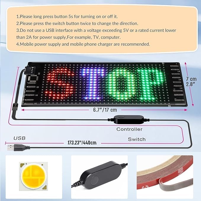 Image of ZADON Flexible LED Matrix Panel | Programmable Display Screen with App & Remote Control | Scrolling Text & Animation LED Board for Shop, Car & Advertising | Multiple Sizes (Small- 17x7 Cm)