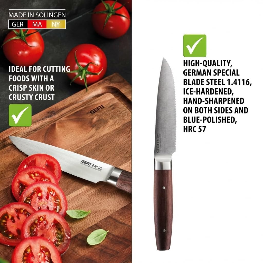 GEFU Cuchillo universal ENNO 11,5 cm | filo ondulado, hoja Solinger de acero alemán | Para frutas, verduras, pan, mango de madera de nogal, lijado a mano, duradero