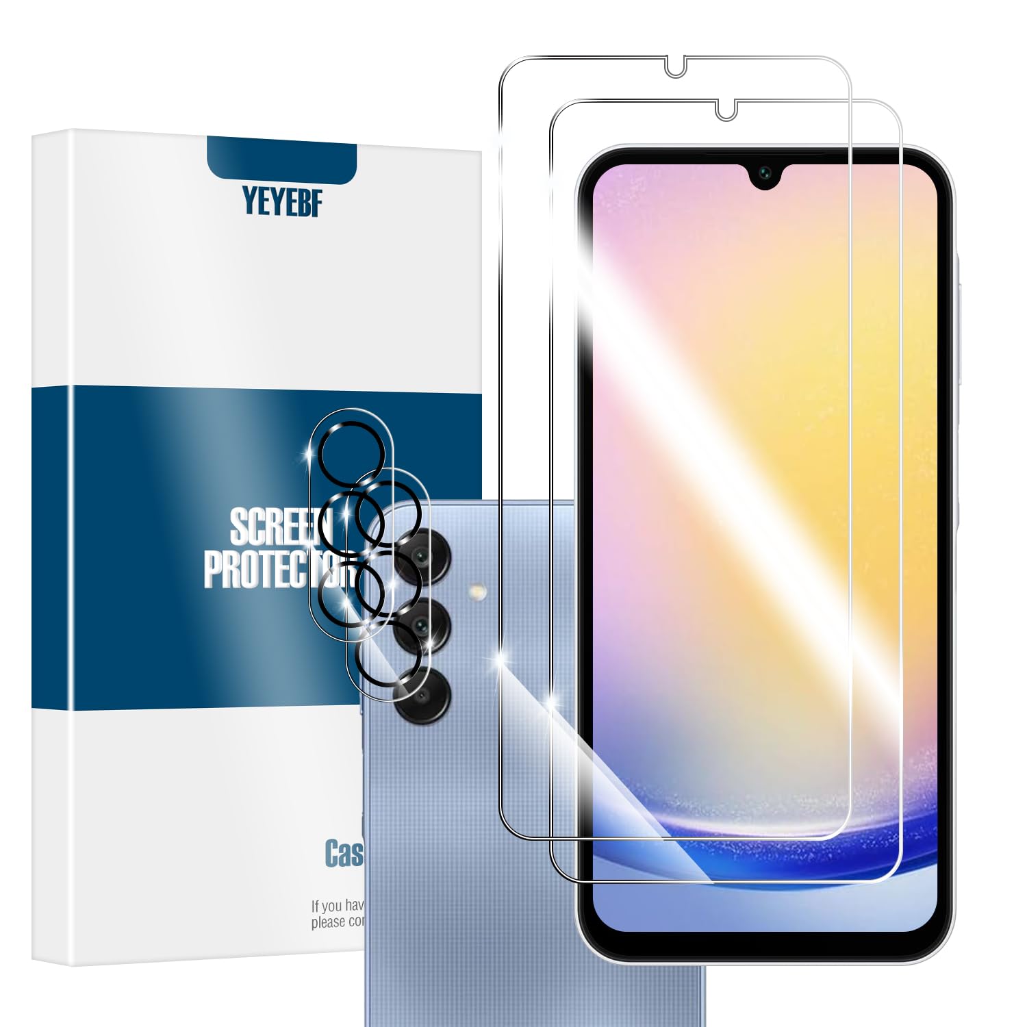 YEYEBF Galaxy A25 HD Clear Tempered Glass Screen Protector + Camera Lens Protectors, [2+2 Pack] [3D Glass] [Anti-Glare] [Bubble-Free] Screen Protector