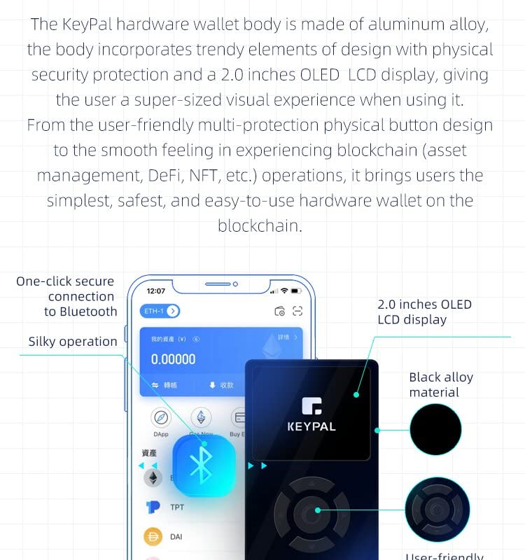 Portefeuille BTC ETH Keypal avec cryptage sécurisé et Bluetooth