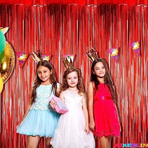 Image of 4 Pack 3.2Ft x 8.2Ft Red Foil Fringe Curtain Backdrop, Metallic Tinsel Foil Fringe Streamers Curtains Background for Photo Booth, Birthday, Wedding, Christmas Party Decoration
