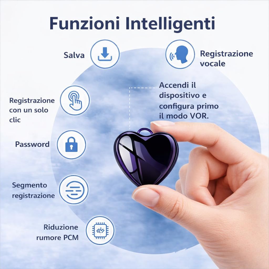 CleverTalk Heart Registratore Vocale con IA | Attivazione Vocale | App Mobile, Mac, Windows e Web | Cloud Europeo GDPR | 64GB | Audio HD 1536kbps | USB-C