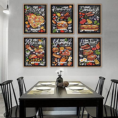 Luodroduo Kitchen Poster Wall Art Print Set Of 6 Retro Fast Food Canvas Wall Decor Hamburger Pizza Sandwich Bacon Egg Pictures For Modern Family Dining Room Restaurant Kitchen (8"X10" Unframed) #TOP6