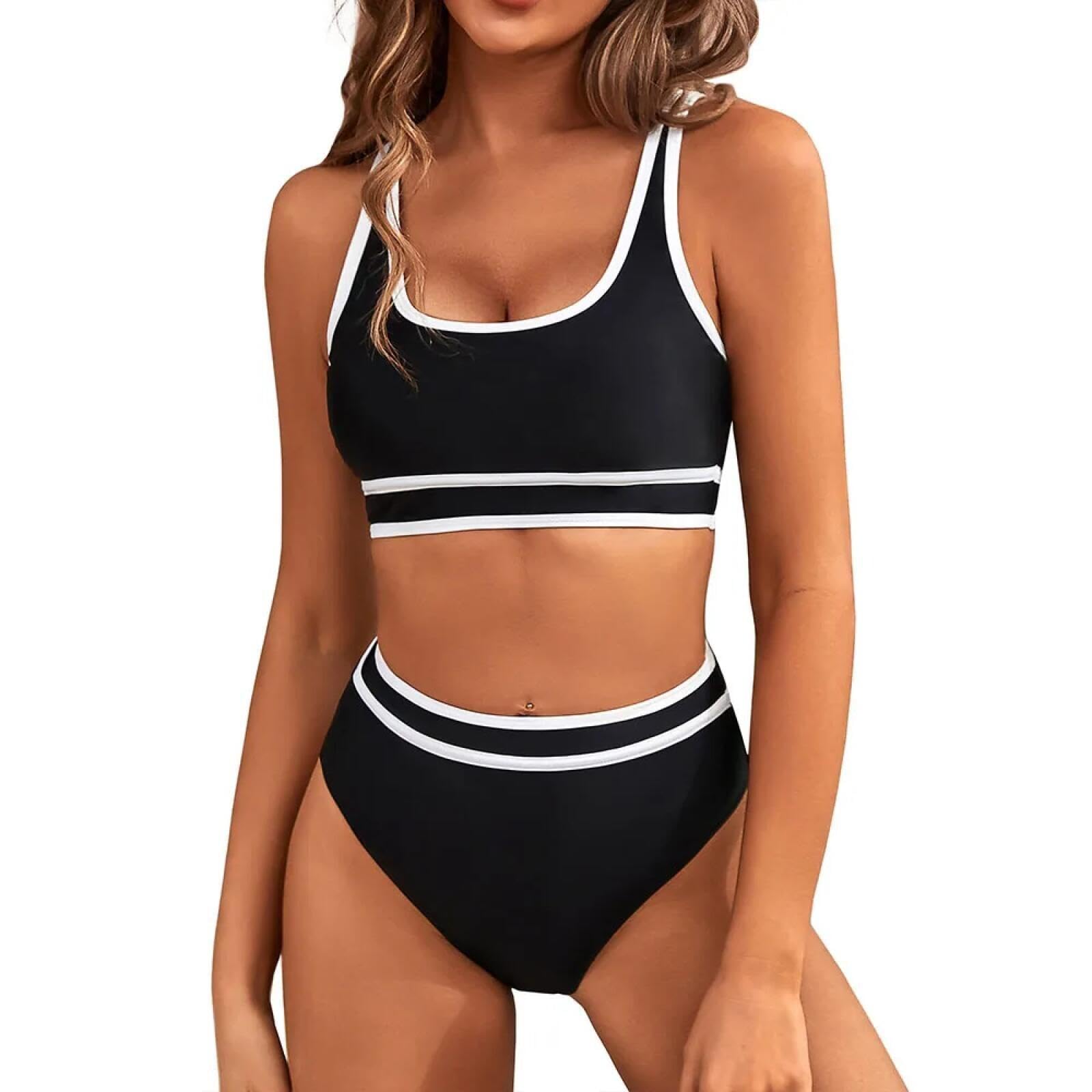Set Bikini a Vita Alta da Donna Costumi da Bagno Sportivi a Due Pezzi Color Block sfrontati S-XL Purple NAN_XL