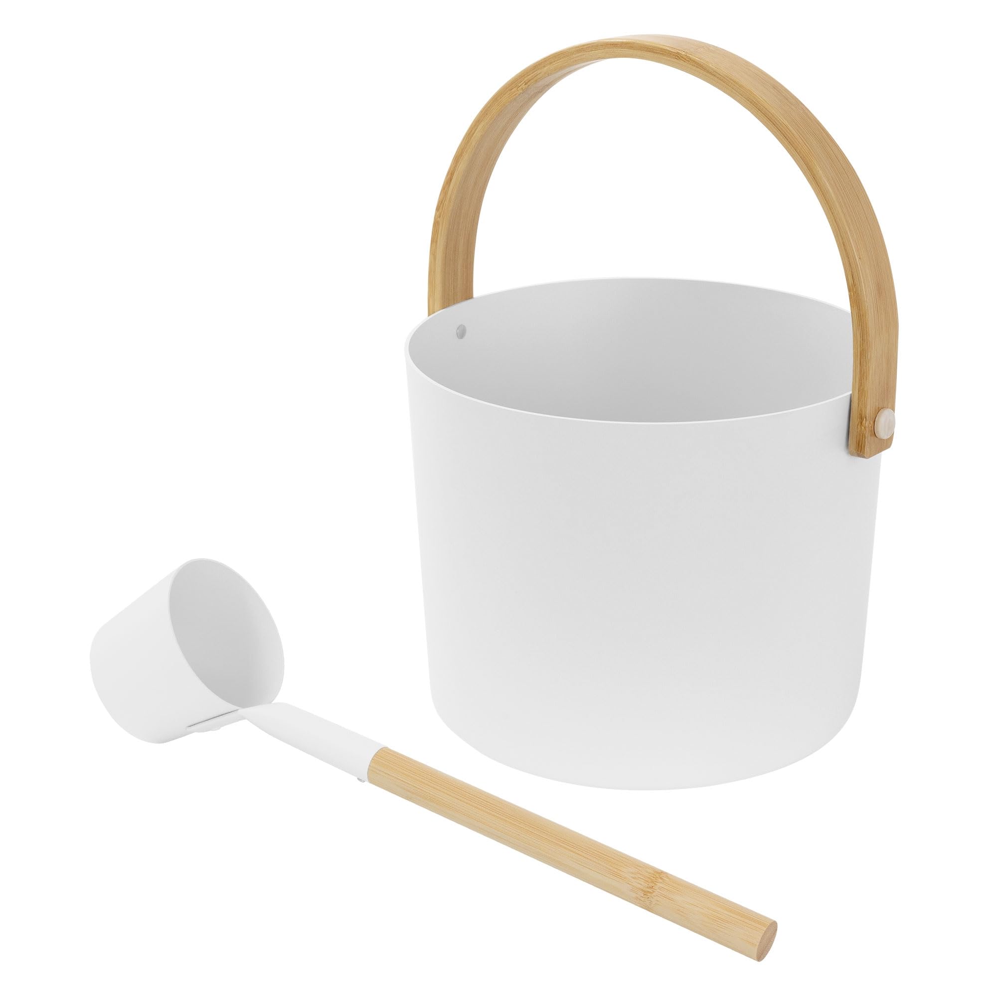 LuxeBath Saunazubehör-Set aus Aluminium & Bambus, Weiß, 2-TLG Sauna Set, Aufgusskübel mit klappbarem Griff & Schöpfkelle, Metall Saunaeimer 6L mit Schöpflöffel, Langlebiges Sauna Wassereimer Zubehör