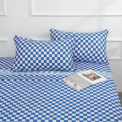 Image of Best Season Bed Sheet Set 3 Piece -Twin Size-Soft Durable Microfiber Bedding Sheet Set,Deep Pocket,Stain,Fade & Wrinkle Resistant Blue and White Checkerboard Grid(Plaid Blue&White)