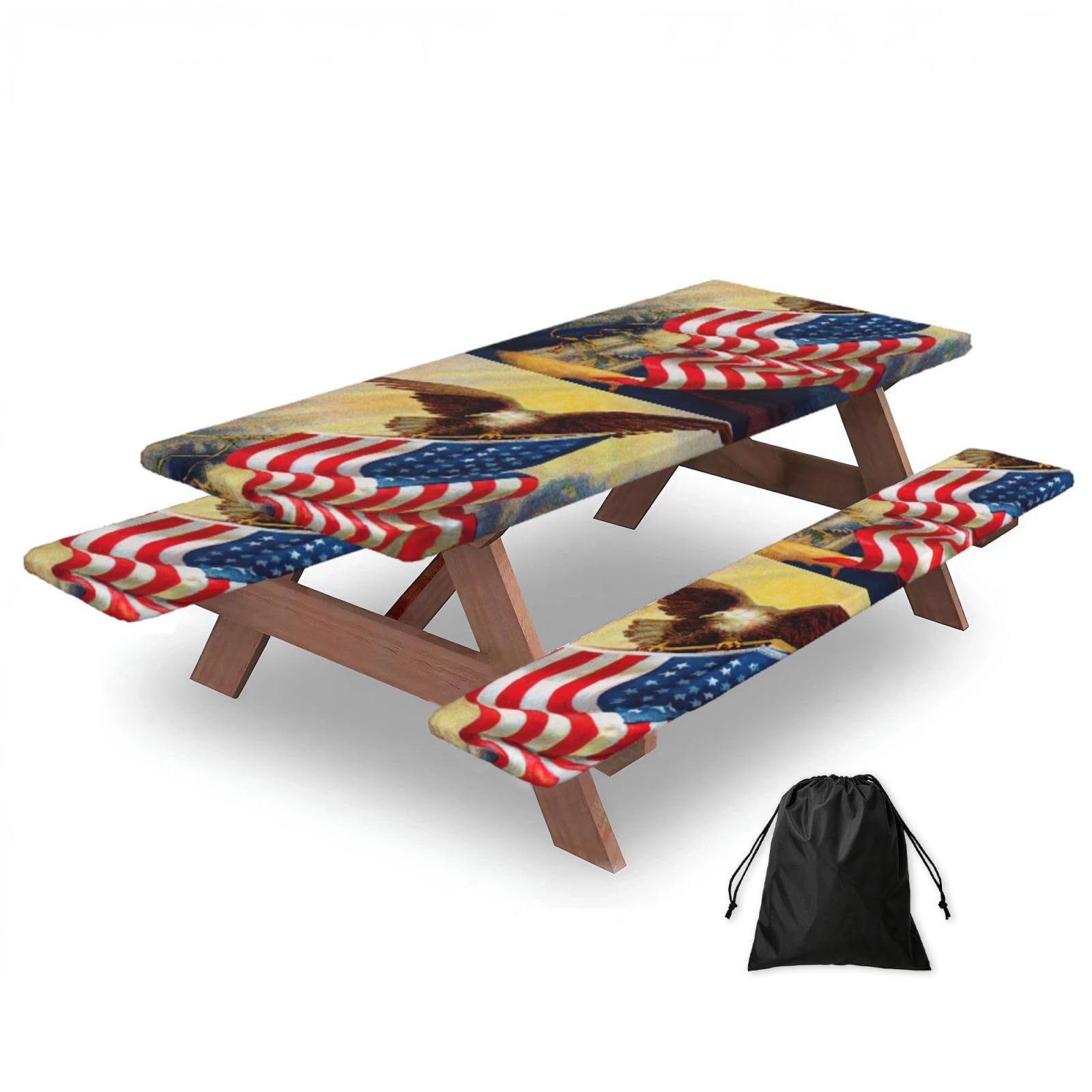 Yqxwjl Black American Usa Flag Eagle Art Print Camping Essentials Waterproof Camping Table And Bench Cover With Drawstring Bag 183 Cm