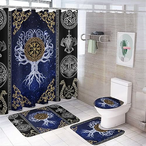 Abstract Ancient Vikings 4 Pcs Waterproof Shower Curtain Set,Retro Norse Mythology Mystical Symbol Tree of Life with Waterproof Toilet Cover Shower Mat Rugs