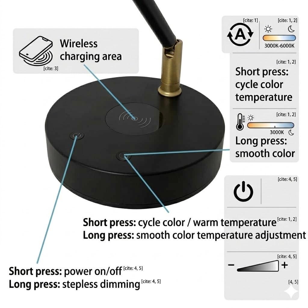 Infitronic IN78LEDKLGB1 Design-LED-Leuchte (Alu Schwarz/Bronze). Dimmbar, CRI>90, 3000-6500K. Mit 10W Wireless Charging & USB. Perfekt als Klavier- oder Bürolampe