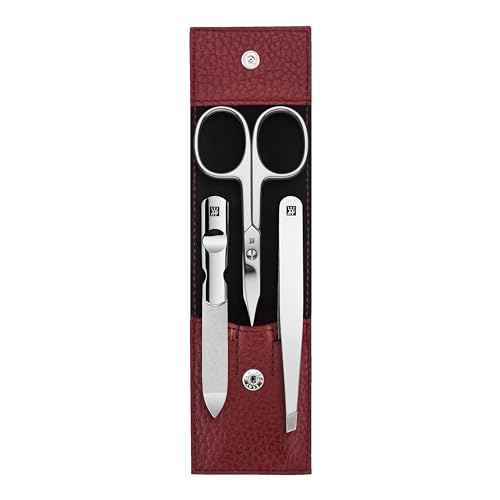 ZWILLING Set de manicura (3 piezas, set de pedicura para el cuidado de uñas y cutículas, cuero, con tijeras para uñas), acero inoxidable pulido, rojo