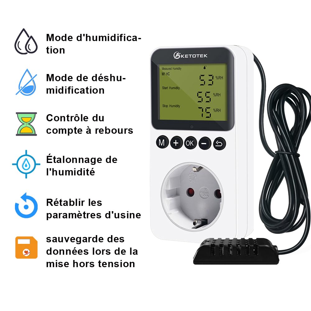 KETOTEK Prise Hygrostat Numérique avec Sonde, Contrôleur Humidité 220V pour Terrarium Reptile Couveuse Incubateur