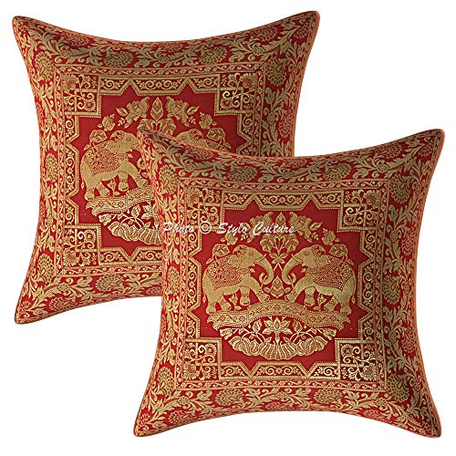 Image of Decorative Brocade Cushion Covers 16x16 Inch Banarasi Jacquard Weave Red & Gold Drawing Room Decor Elephant Traditional Square 40x40 cm Zippered Sofa Settee Pillowcases -Set of 2 Pcs