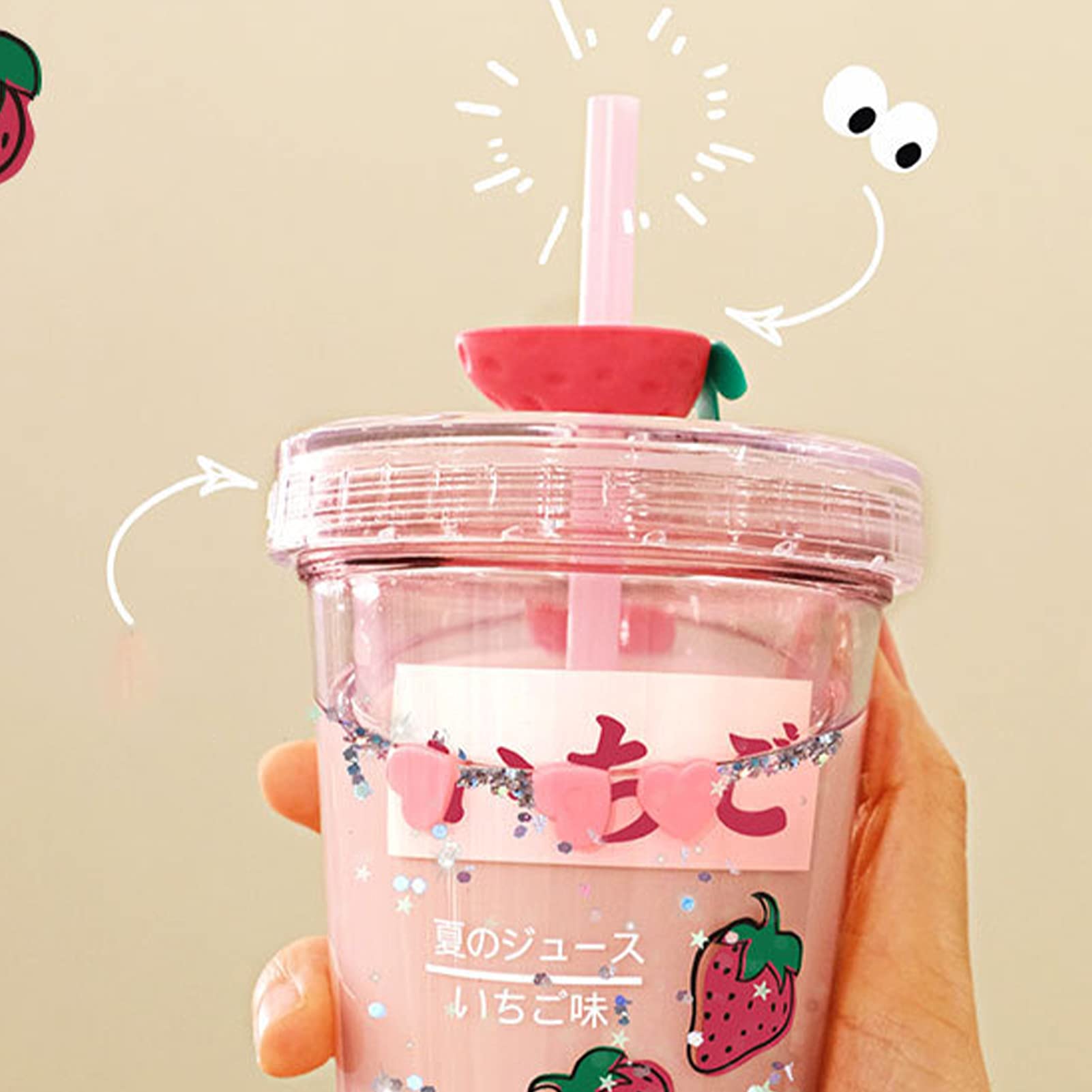 15oz Kawaii Water Bottle With Straw Glitter Double Wall Water Bottle With Straw Kawaii Cup
