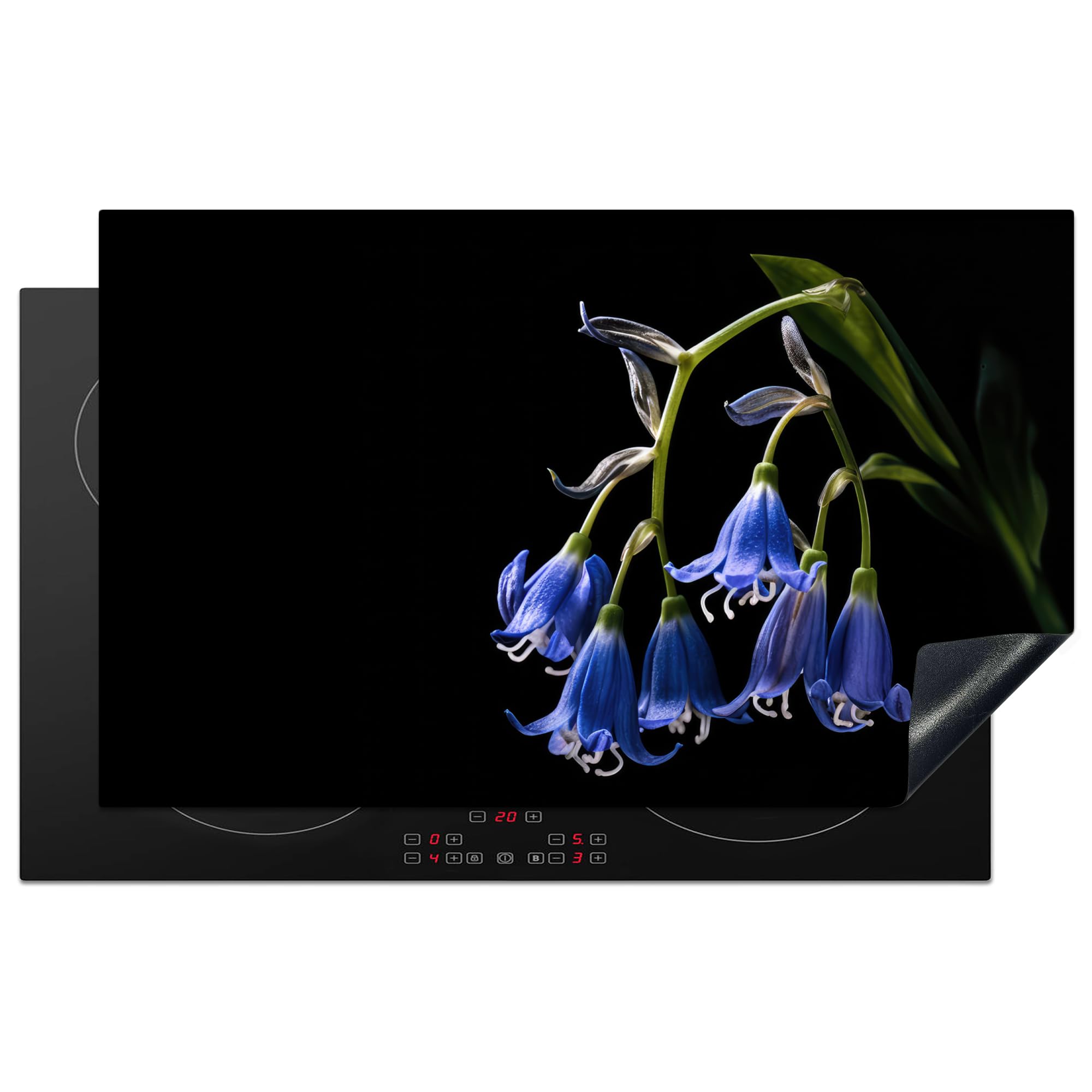 KitchenYeah© Induction Hob Protector Mat 20.5"x33.5" / 85x52 cm Stove Cap Top Cover Kitchen Cooker Covers for Electric Hobs Vinyl Hyacinth - Flowers - Blue - Nature - Black