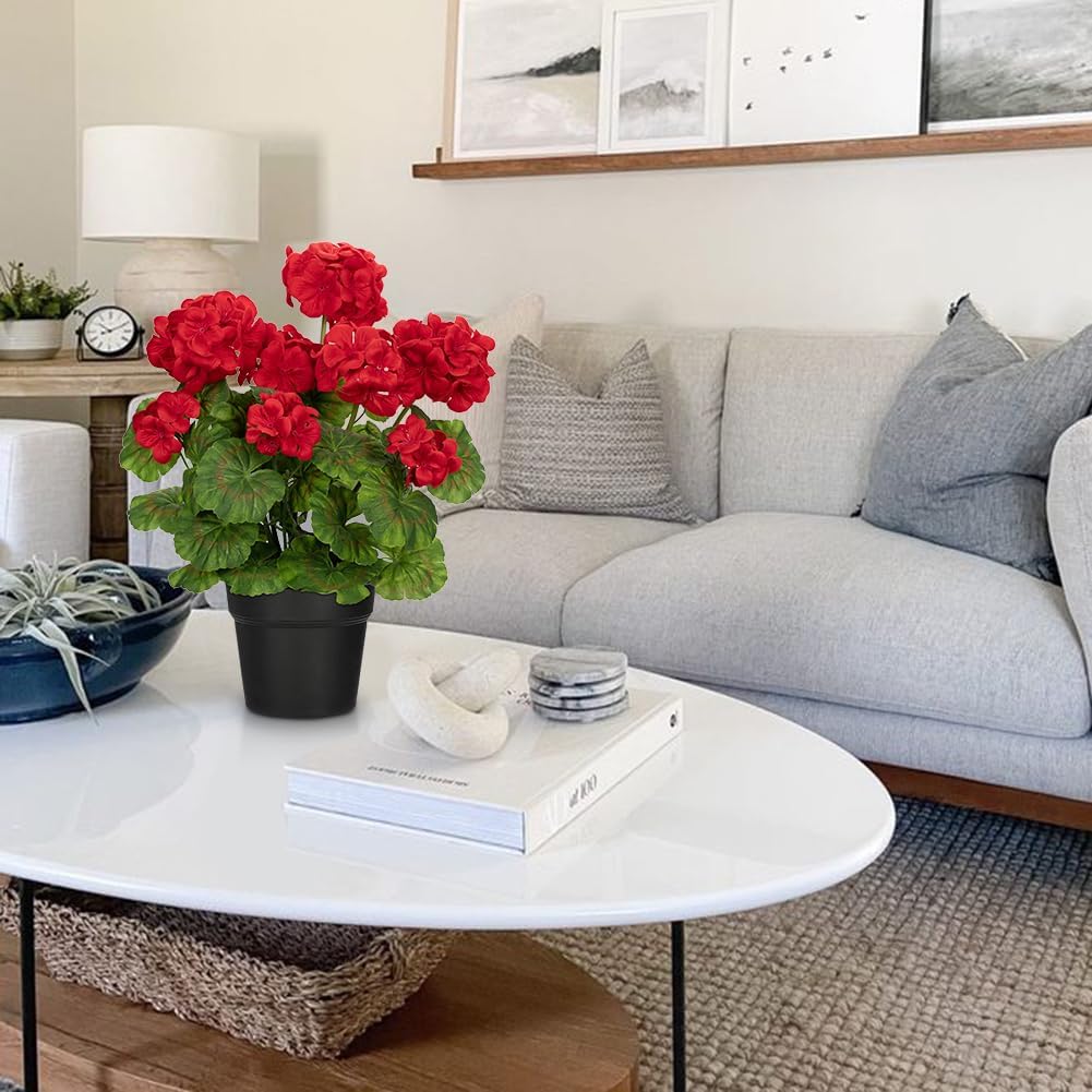 Briful Artificial Geranium Potted Plant – 16” Tall, Realistic Silk Flowers with Vibrant Green Leaves, Red Geraniums Fake Flowers for Outdoors Valentine's Day Home Décor, Farmhouse Office Tables Decor - Image 3