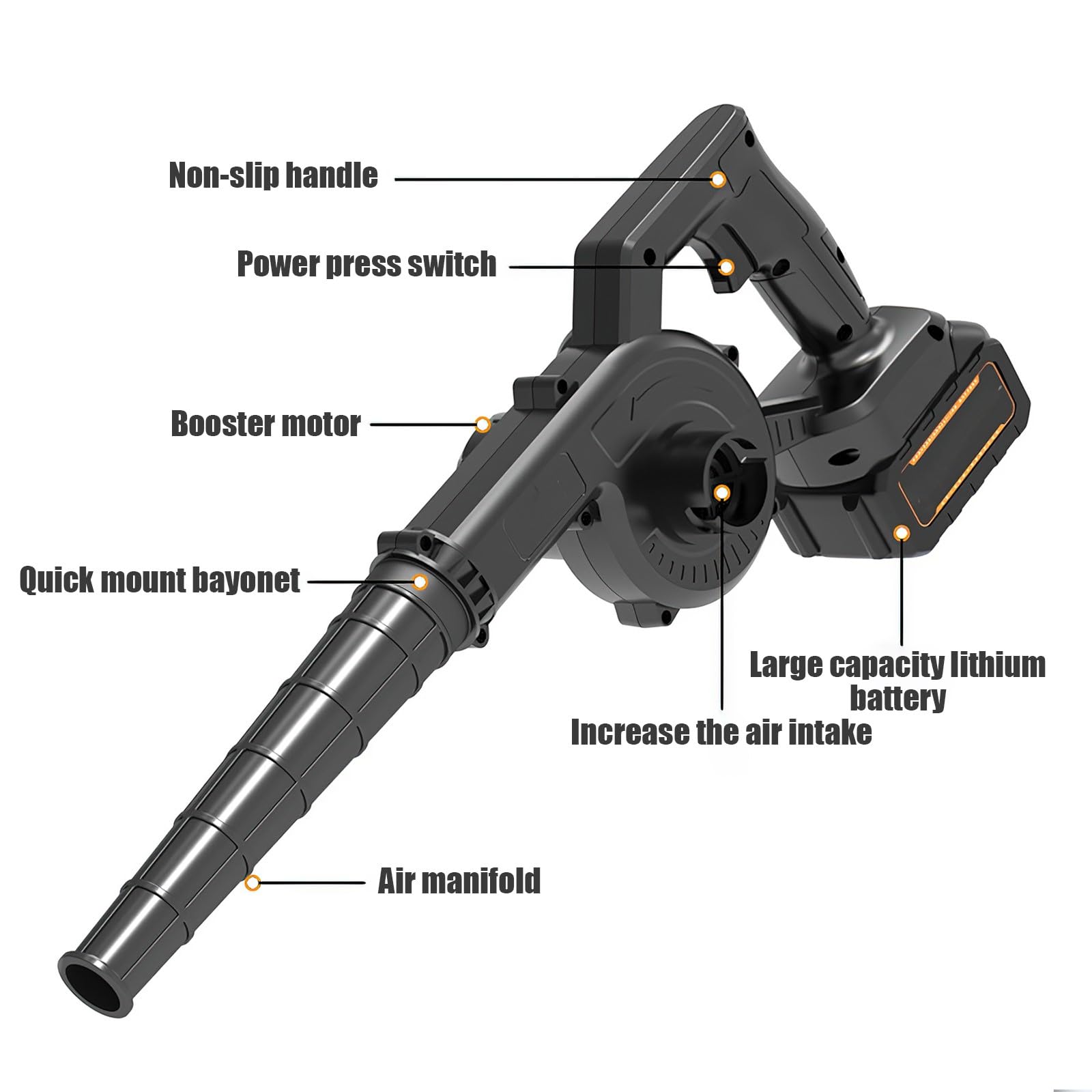 21 V - Soffiatore di foglie senza fili con batteria e caricabatterie, aspirapolvere e soffiatore da giardino, 550 W, soffiatore di foglie senza fili per soffiare foglie/neve/polvere (2 batterie, nero)