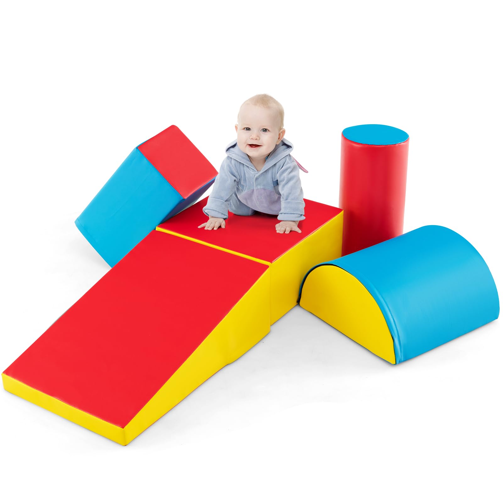 Maxmass Soft Foam Toddler Climb and Crawl Toy, 5pcs Baby Activity Blocks with Zipper, Lightweight Educational Foam Play Set for Crawling, Climbing, Sliding, Stacking,140x40x40cm (Red+Yellow+Blue)