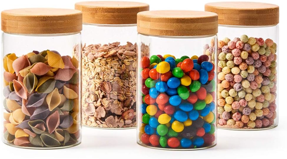 EZOWare Set of 4 Airtight Glass Jars, 46 Fl oz Large Storage Clear Canister Container Set with Bamboo Lid for for Storing Candy, Cookie, Rice, Sugar, Flour, Spices, Nuts, Coffee, Pasta