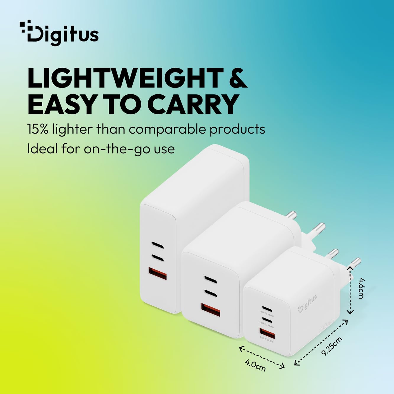 DIGITUS Cargador USB-C GAN II – 100 W – 2X USB-C, 1x Tipo A – 3 Puertos