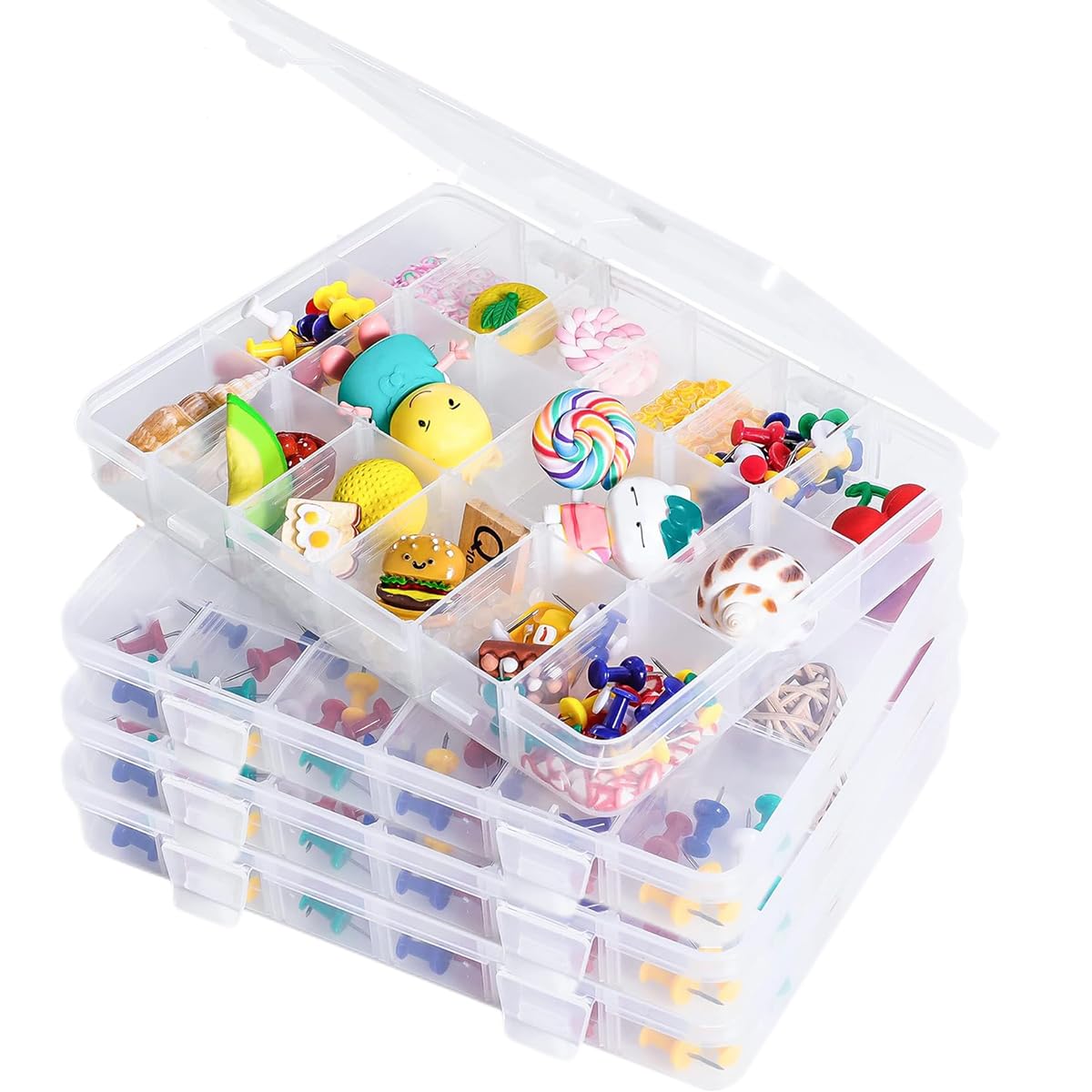 Laifu 18 Grids-Clear-4 4Pcs Plastic Stackable Organizer Container With Adjustable Dividers, Plastic Storage Box With 18 Removable Grids Compartments For Jewelry Cosmetics Craft Tackle Pills Beads Bolts Nuts And Snack