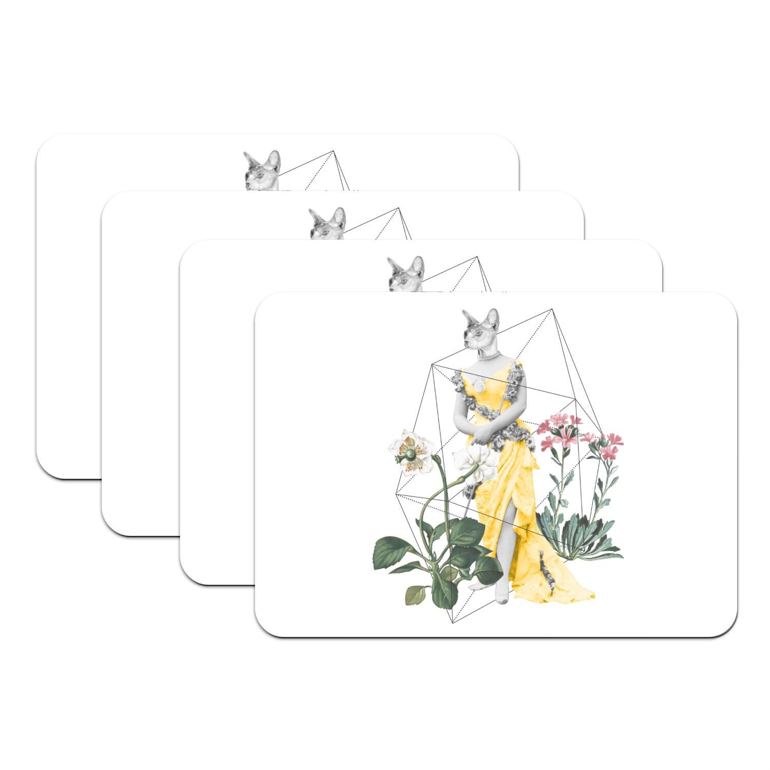 Set de table chat blanc fleurs art collage 1930 dessous caoutchouc table