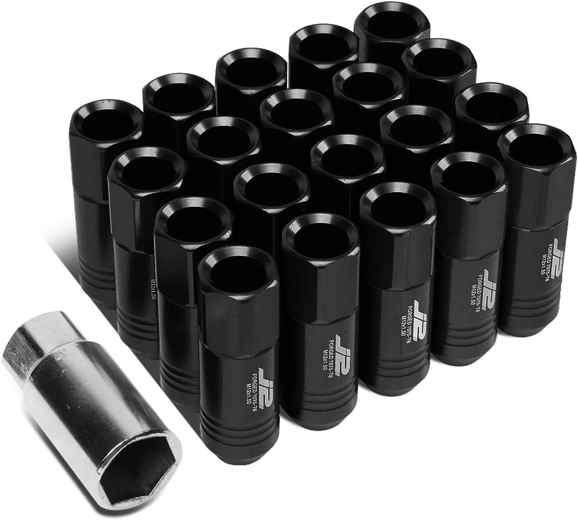 J2 Engineering 20 Pcs 7075 Aluminum Tall Open End M12 x 1.5 Lug Nuts Set w/Socket Adapter, Black, Fit Conical Seat, LN-T7-009-15-BK