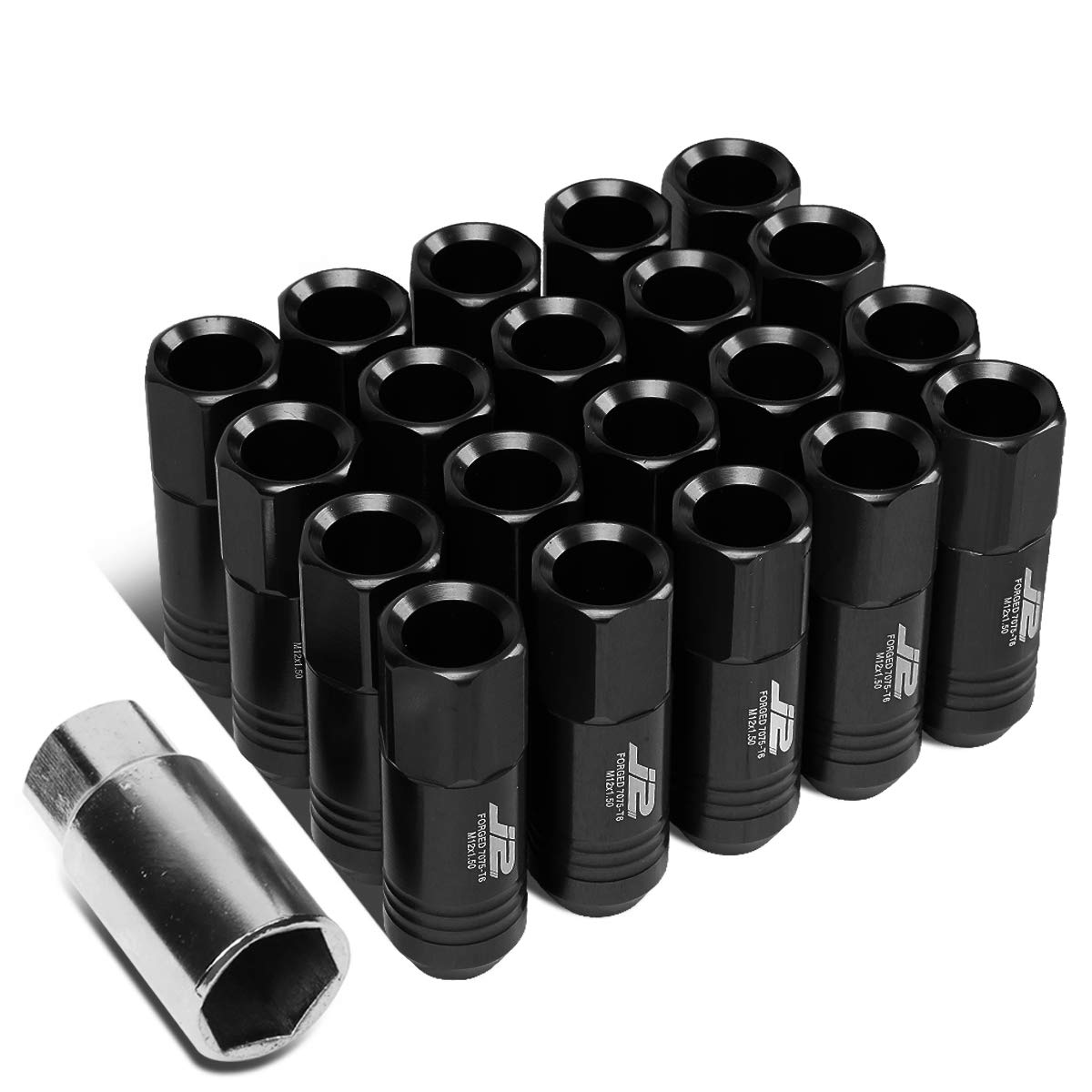 J2 Engineering 7075 Aluminum Black M12 x 1.5 20Pcs L: 60mm Open End Lug Nut w/Socket Adapter