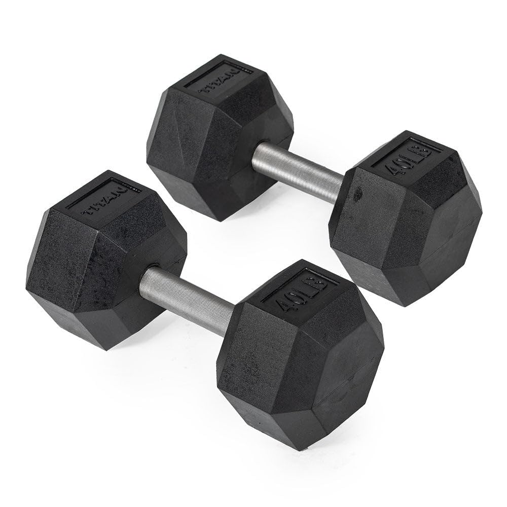 Titan Fitness 40 LB Pair Free Weights Black Rubber Coated Hex Dumbbell Straight Stainless Steel Handle Strength Training