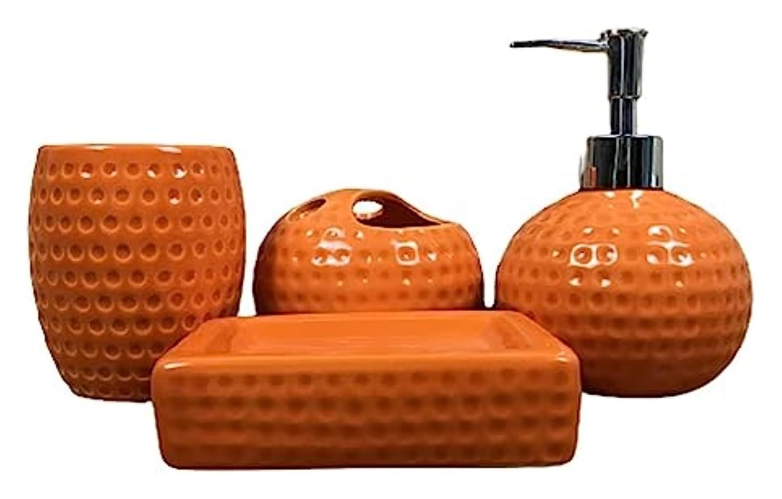 Set Bagno In Ceramica 4 Pezzi Arancione: Dispenser Sapone, Portasapone, Portaspazzolino E Bicchiere - Disponibile In Più Colori, Facile Da Pulire E Resistente