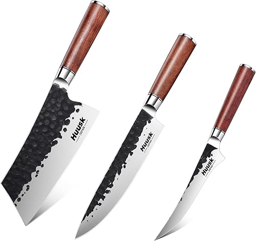 Huusk Paquete de cuchillos de carnicero de 7 pulgadas con cuchillo de chef japonés de 8 pulgadas con cuchillo de deshuesado de 6 pulgadas