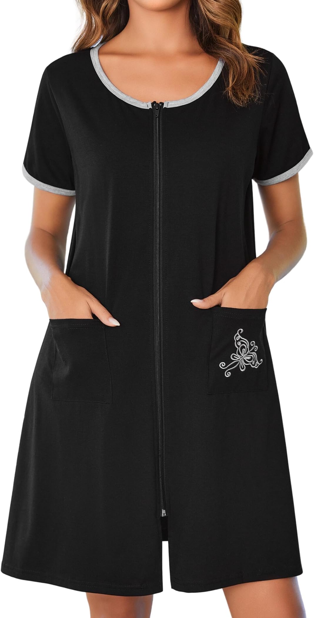 Zip Up Robes for Women Short Sleeves Zipper House Coat Short Bathrobes Lightweight Nightgown with Pockets S-3XL