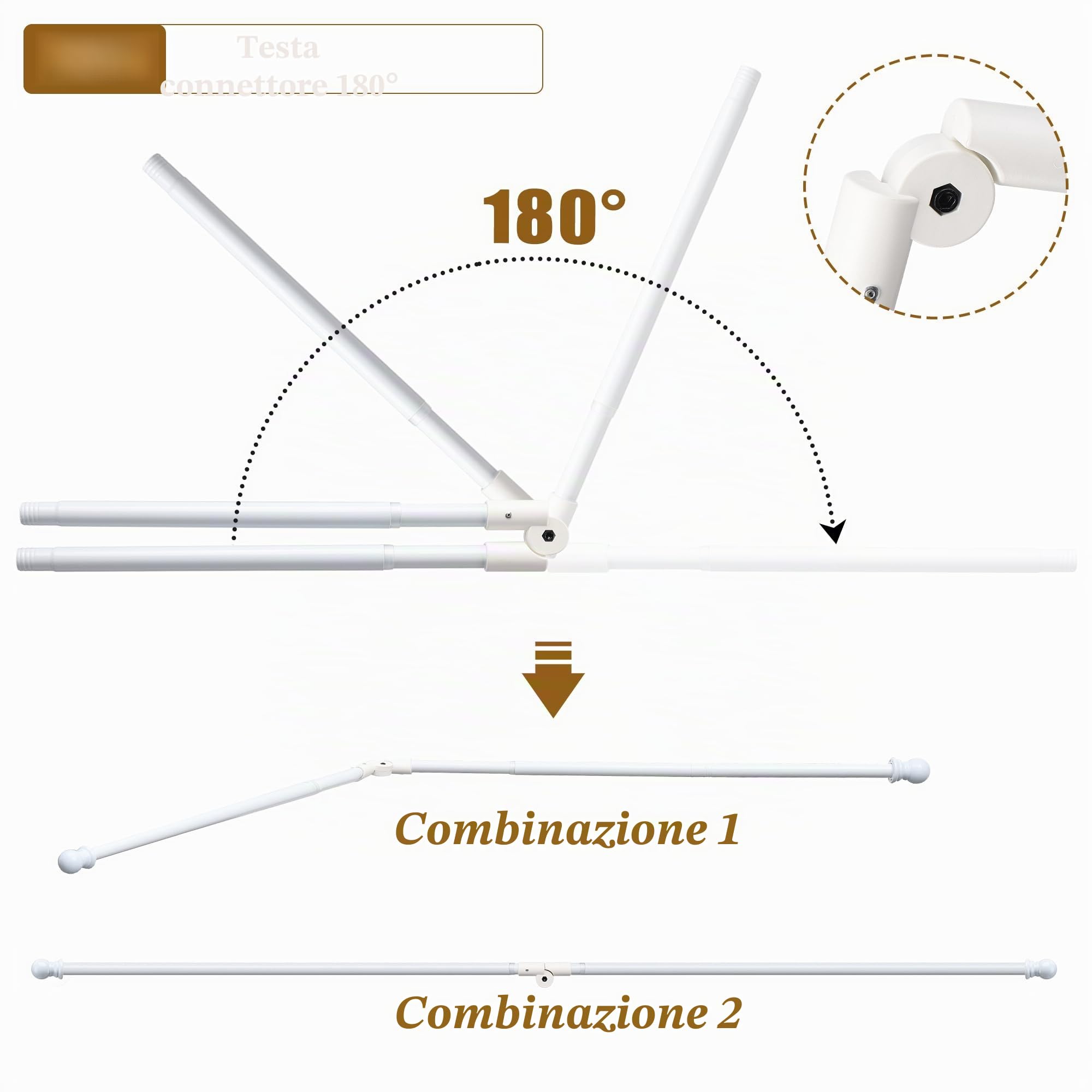 Bastone per tenda angolare in acciaio bianco, 76-345 cm, regolabile, da parete, finitura liscia e lucida