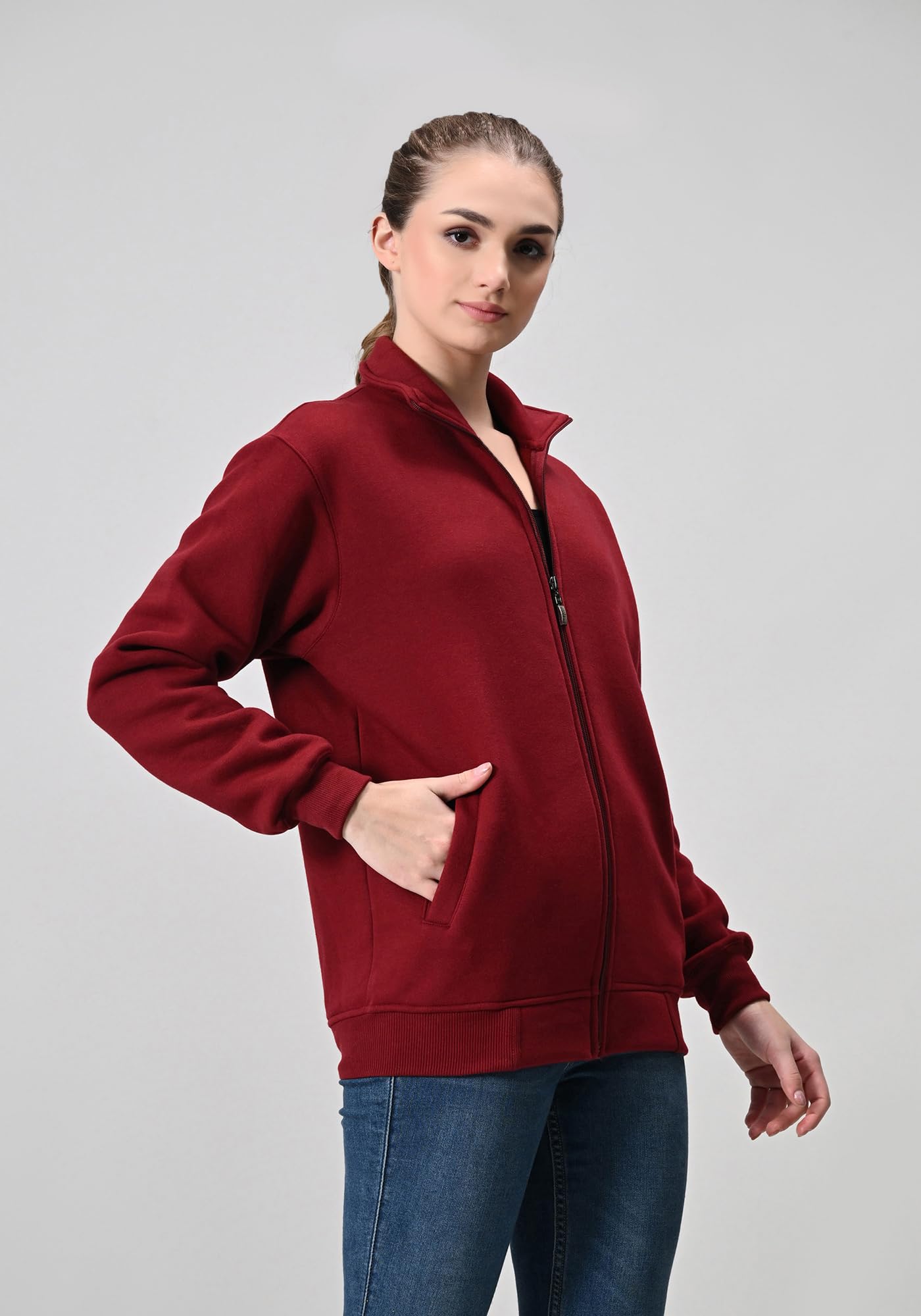 Women Solid Fleece Warm Zipper Open Jacket for Winter (Pack of 1) Maroon 2