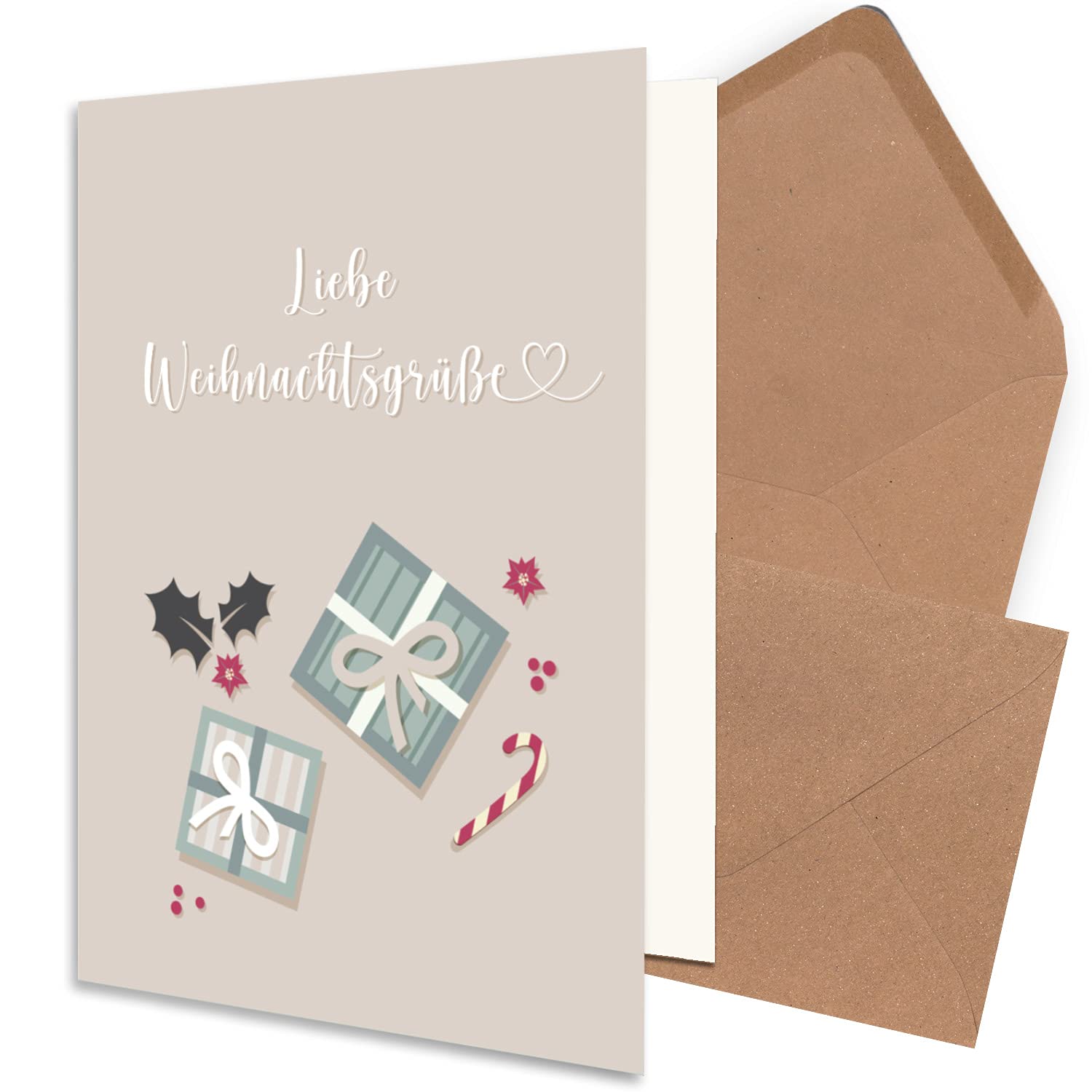 Juego de 75 tarjetas navideñas sostenibles DIN A6 en rosa viejo con muérdago y regalos - tarjetas plegables con sobres DIN C6 en papel kraft rosa