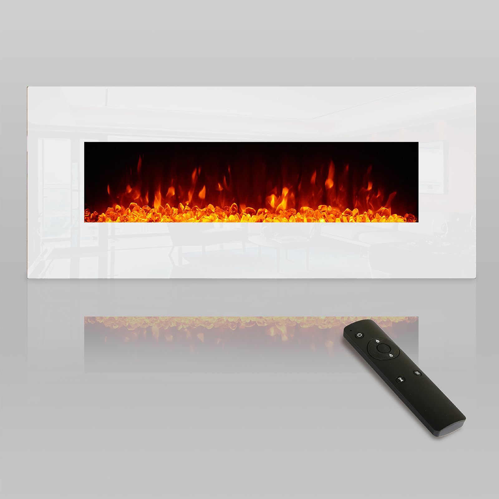 50" Wall Mounted Electric Fireplace, Mirrored Fireplace Heater with Adjustable Flame Brightness, Low Noise/Remote Control/Button Panel/Timer, 750W/1500W, White