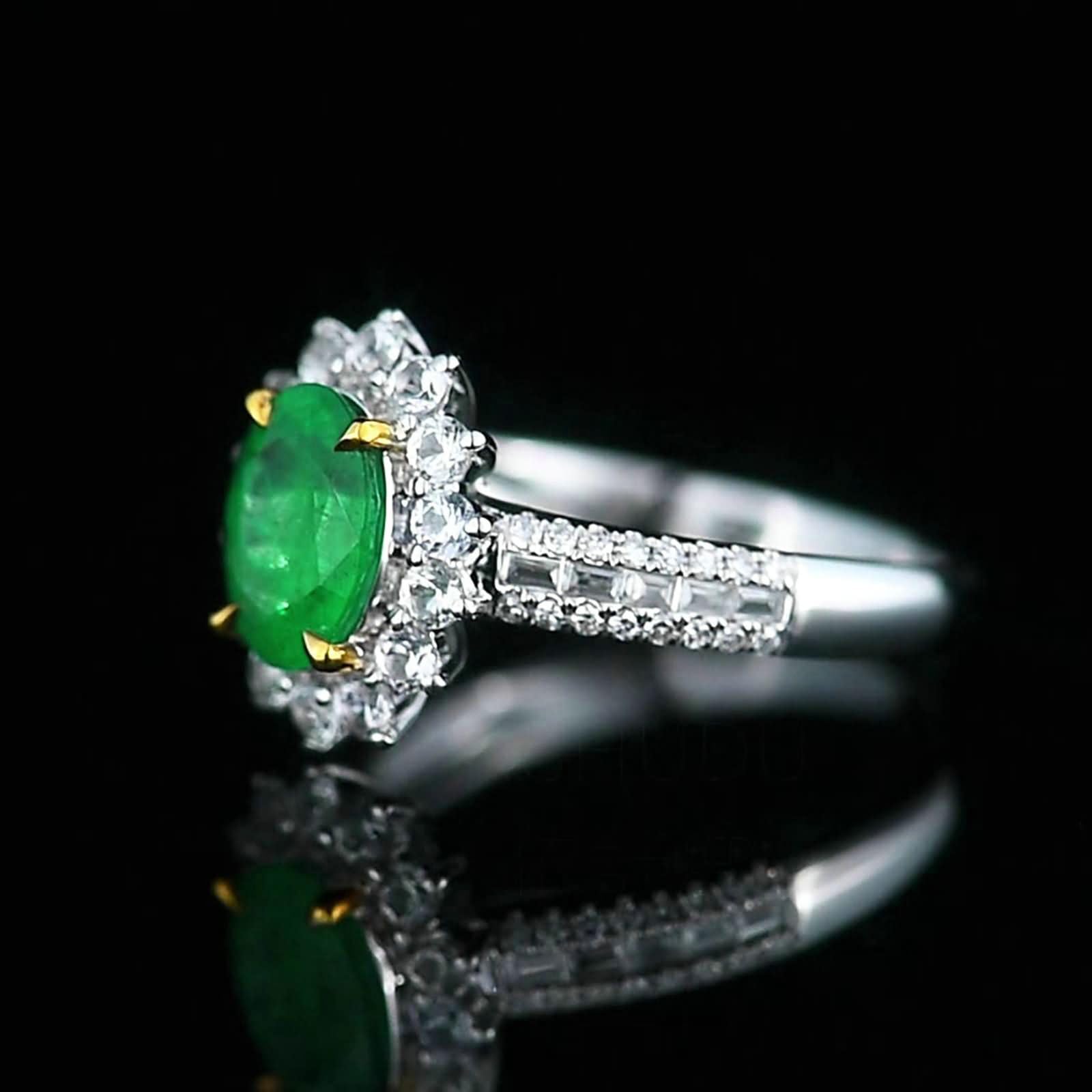 Pierścionki zaręczynowe damskie białe złoto 375/585/750, kwiat i 4 szczęki owalne 1,1 ct szmaragd i diament, zielone srebrne pierścionki zaręczynowe dla kobiet