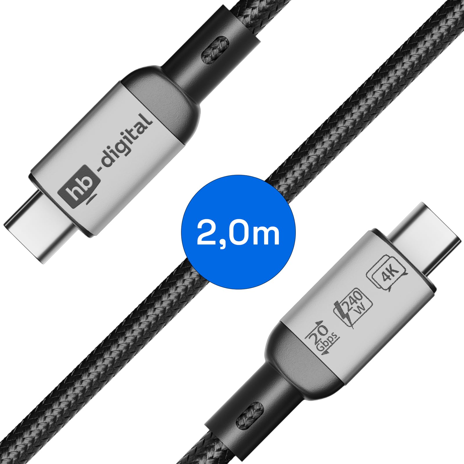 HB-DIGITAL 2 m, 4 cavi USB C USB 4.0 Gen3, cavo di ricarica veloce fino a 240 W, cavo dati 20 Gbps 8 K, 60 Hz, 4 K, nylon intrecciato per iPhone 16 15 Pro, Samsung Galaxy S23 S22 S21