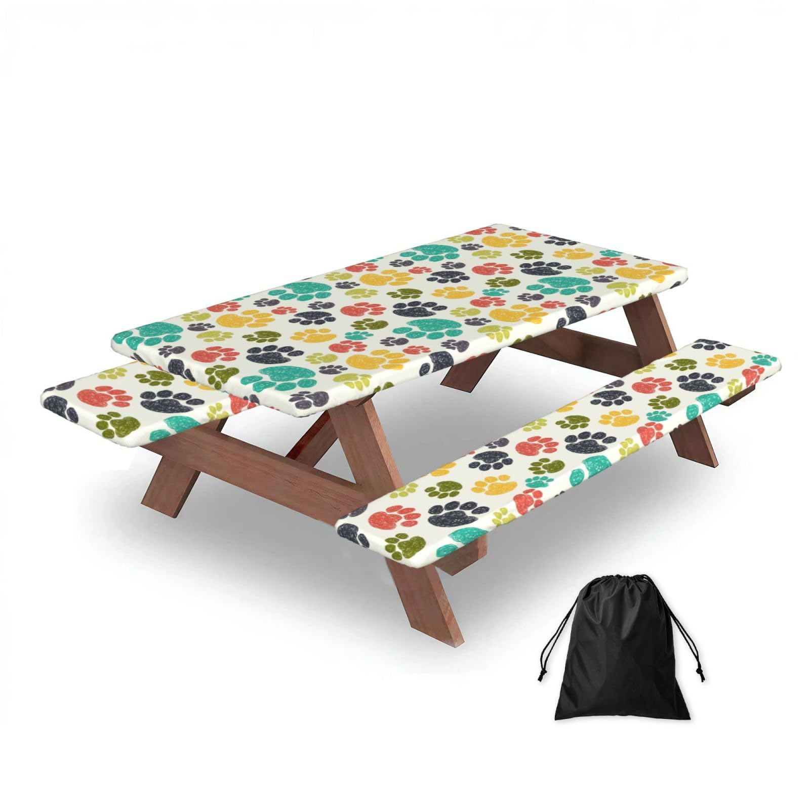 Cute Dog Paw, Picnic Table Cover With Bench Covers -Waterproof Elastic Fitted Tablecloth for Garden Camping Patio 76x152cm