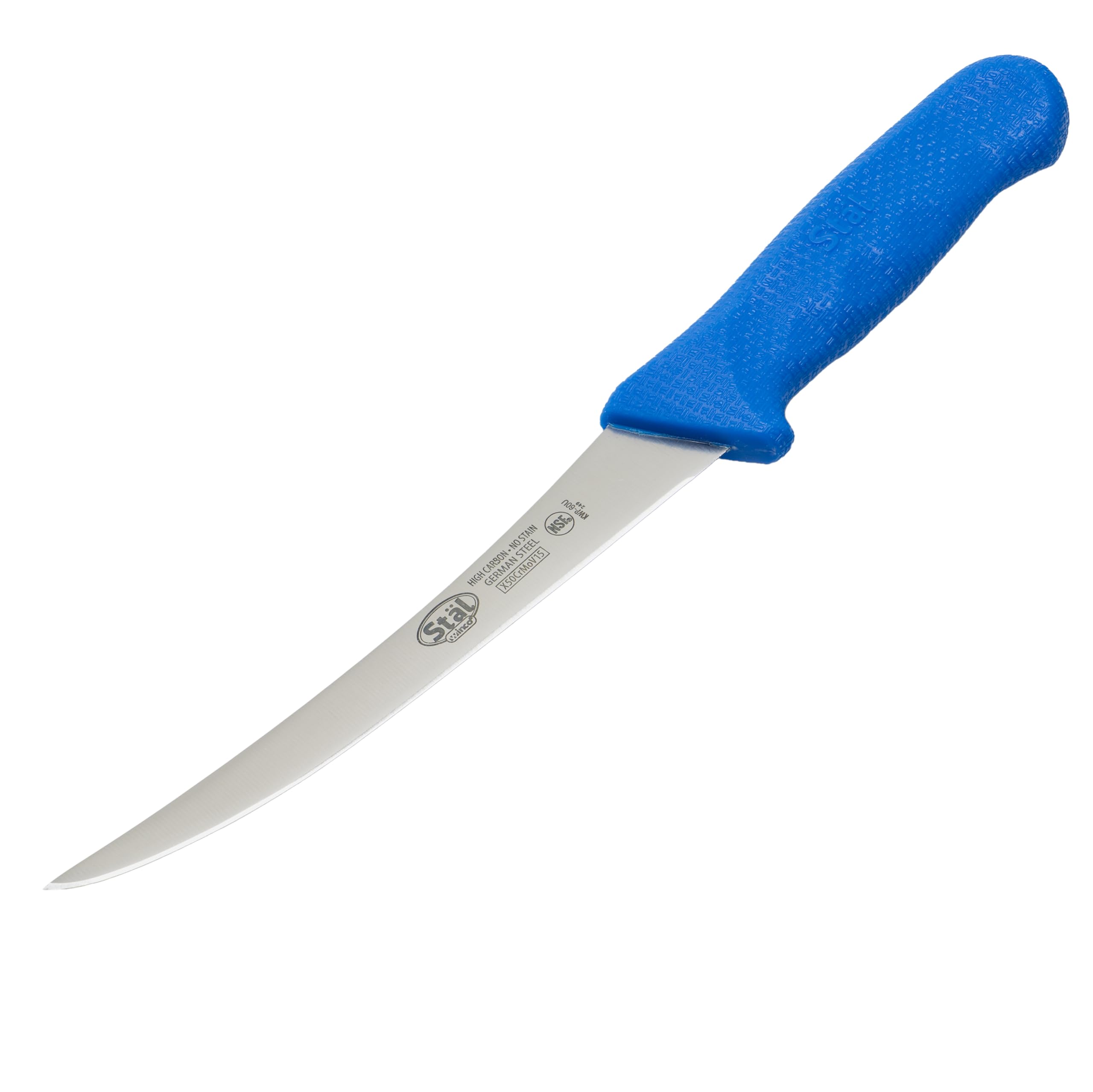 Winco KWP-60U, 15cm Stal High Carbon Steel Flexible Curved Boning Knife with Blue Polypropylene Handle, NSF