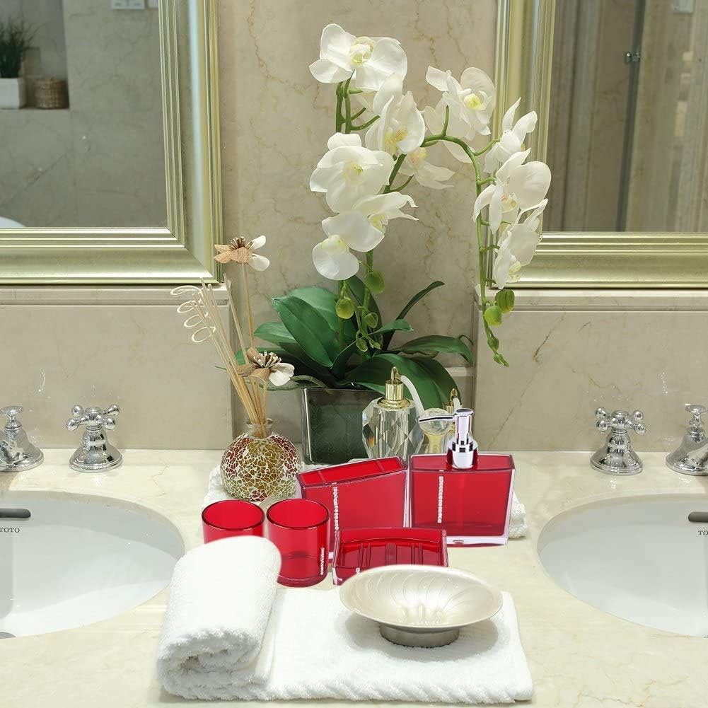 Red Bathroom Accessories Set Bathroom Designer 5-Piece Bath Accessory Set,Acrylic Gift Set Toothbrush Holder Toothbrush Cup Dispenser Dish Toilet Brush Holder Trash Can Tumbler