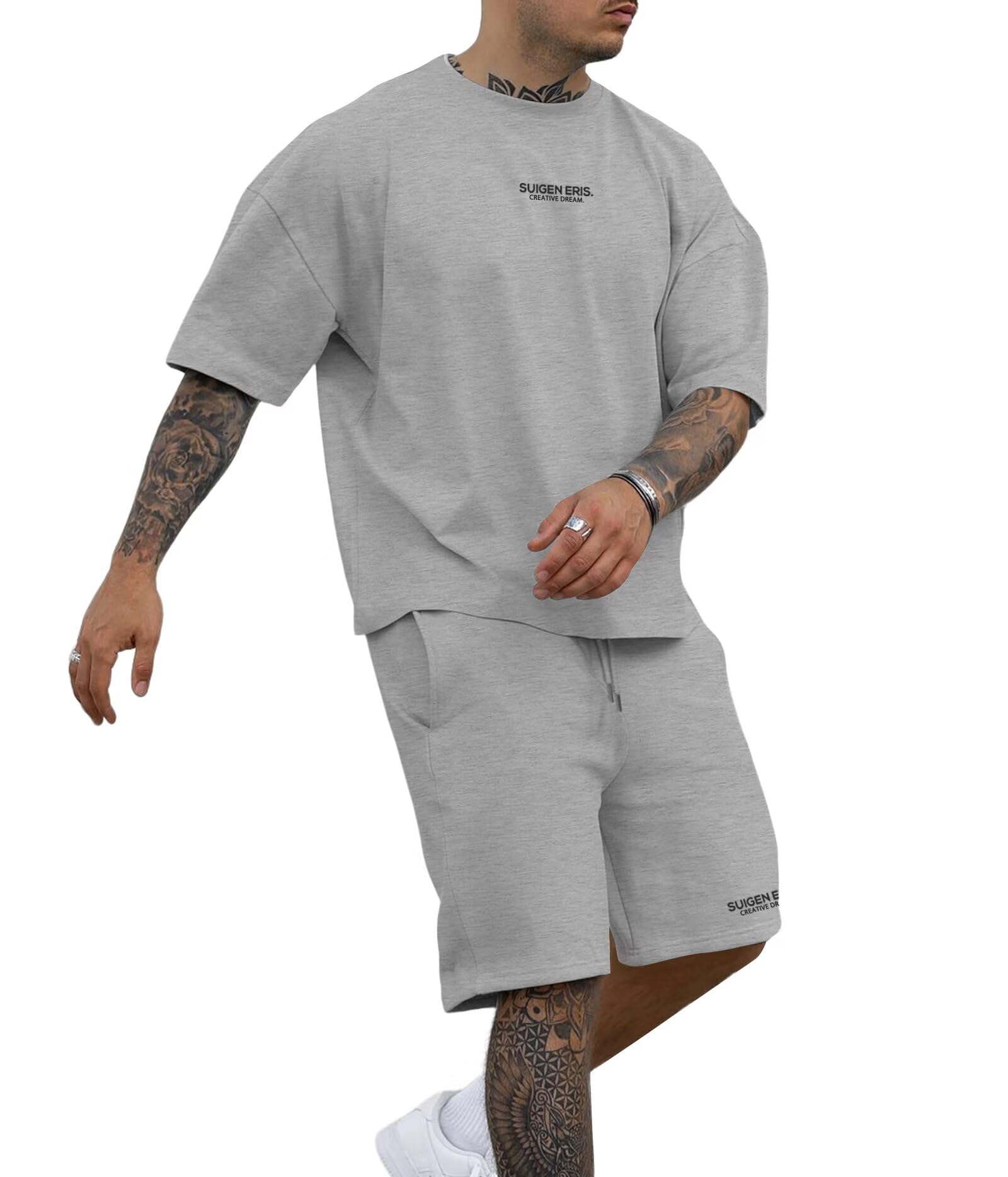 Epoleatries Men's 2 Piece Outfits Letter Drop Shoulder Oversize Tee Shirt Shorts Set Athletic Jogging Summer Tracksuit