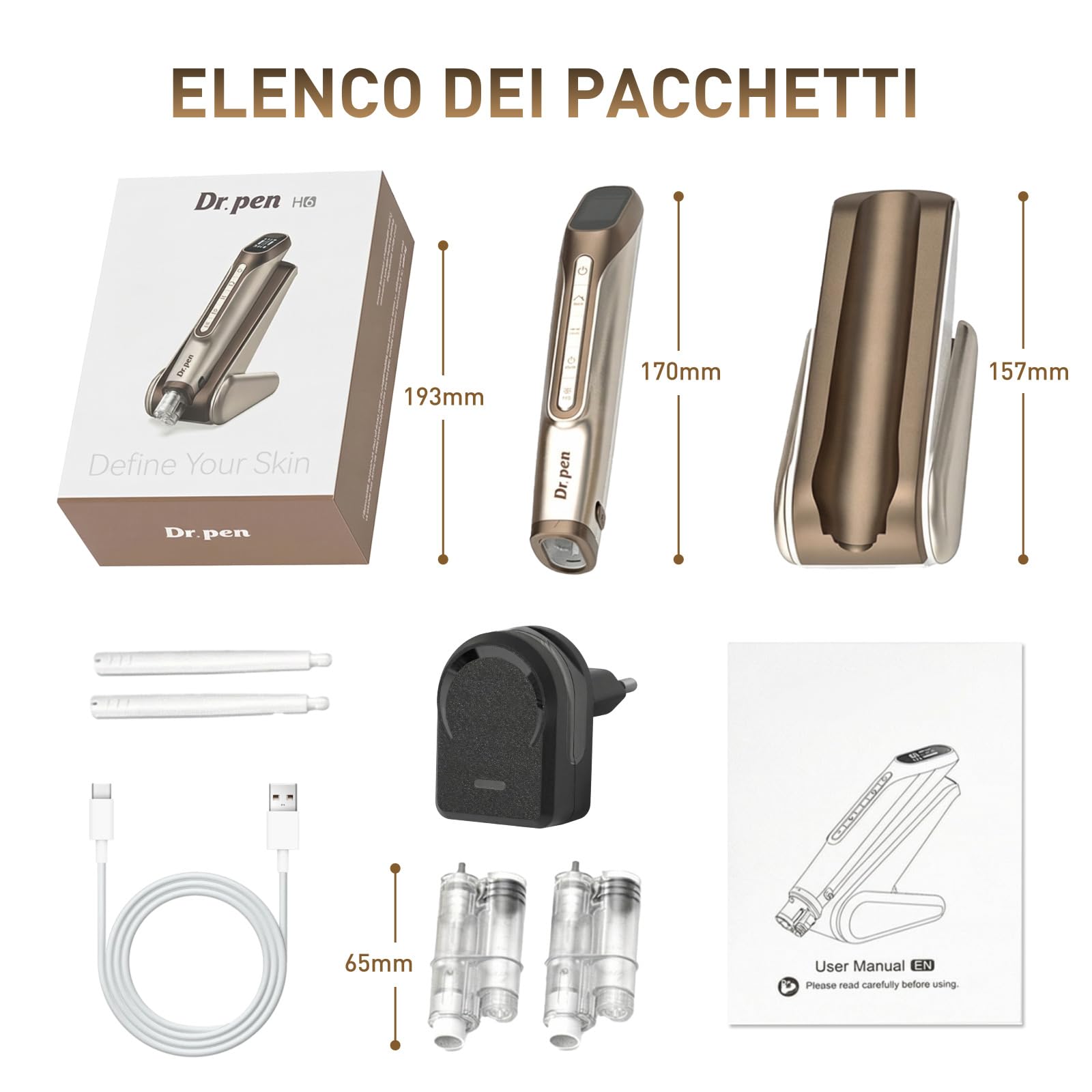 Dr. pen H6 Microneedling Pen – Nuovo Modello 2026 | Regolabile da 0 a 2,0 mm, 6 Velocità, Controllo Chip e Capacità Massima di 1000 mAh, Ideale per Saloni Cosmetici e a Casa (oro)
