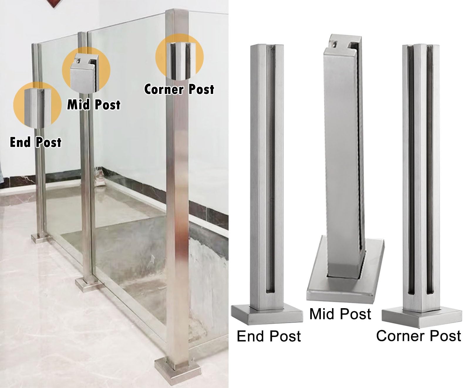 Paletto quadrato in vetro per scale interne, 65-149,9 cm, con clip in acciaio inossidabile 304, elegante per la sicurezza di scale e corridoi