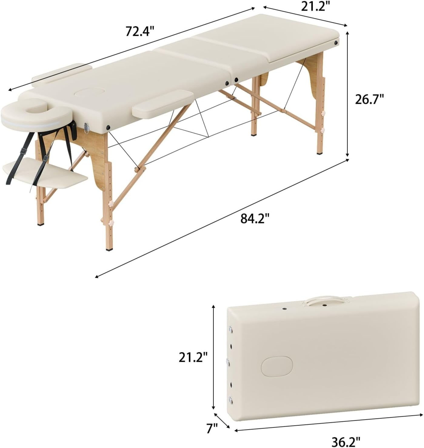 Lovinouse Portable Massage Table with Adjustable Headrest, Modern Massage Folding Table White, 3 Folding Lash Bed Adjustable Height, Portable Folded Bed with Non-Woven Bag for Tattoo, Spa,Chiropractic
