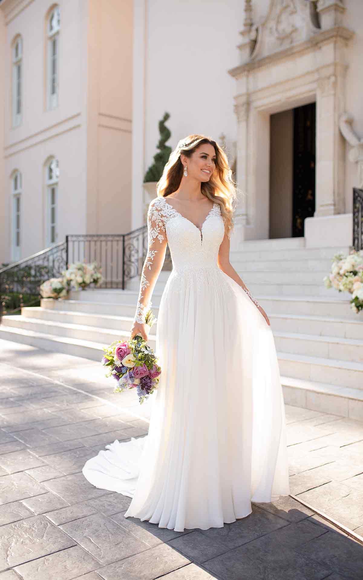Nanger Robes de mariée col en V et manches longues en mousseline de soie Style bohème