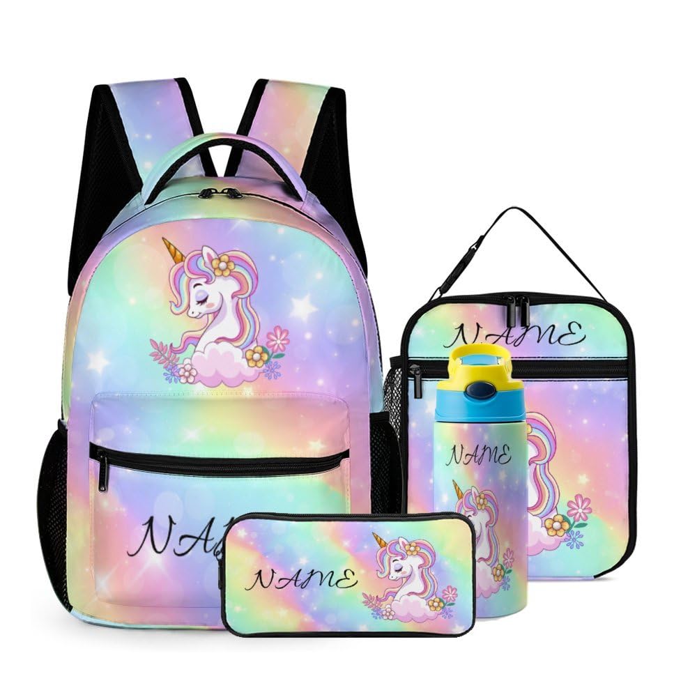 THCNKUI Custom Galaxy Flower Unicorn 4Pcs Backpack Set with Lunch Bag Pencil Case Water Bottle Personalized Name Text School Book Bags Customized
