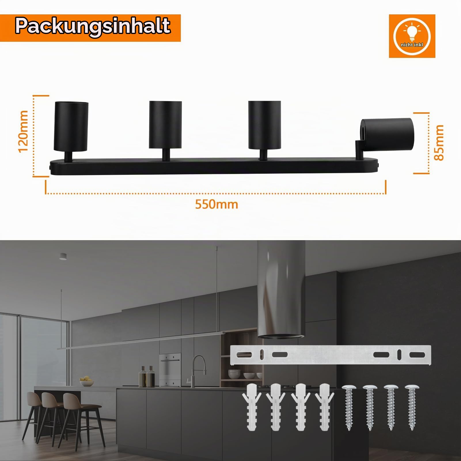 KYOTECH Deckenstrahler 4 Flammig Schwarz Deckenlampe Strahler Schwenkbar 350° LED Deckenleuchte GU10 Spots Deckenleuchten für Küche Wohnzimmer Schlafzimmer, Ohne Leuchtmittel